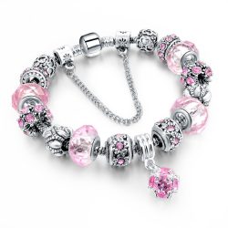   Ezüstözött rózsaszín kristályos és fém charm Pandora stílusú karkötő