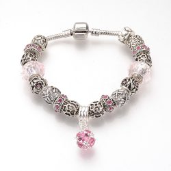   Ezüstözött rózsaszín kristályos üveg és fém charm Pandora stílusú karkötő