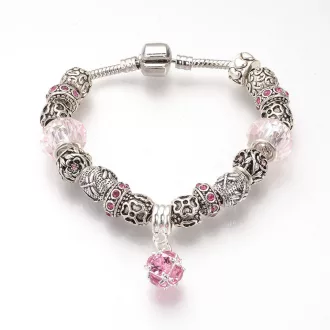   Ezüstözött rózsaszín kristályos üveg és fém charm Pandora stílusú karkötő