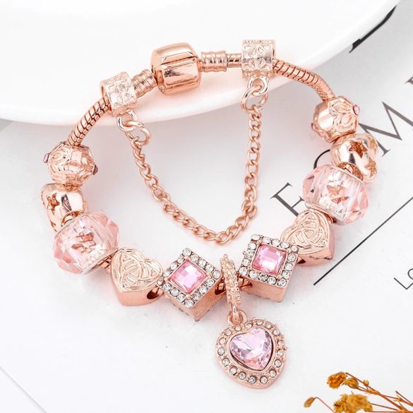 Rózsaarany színű csillogó rózsaszín kristályos üveg és fém szív mintás charm Pandora stílusú karkötő
