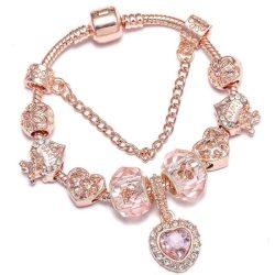   Rózsaarany színű csillogó rózsaszín kristályos üveg és fém szív mintás charm Pandora stílusú karkötő