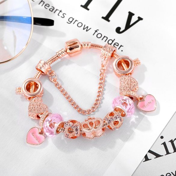 Rózsaarany színű csillogó rózsaszín kristályos üveg és fém koronás szív mintás charm Pandora stílusú karkötő