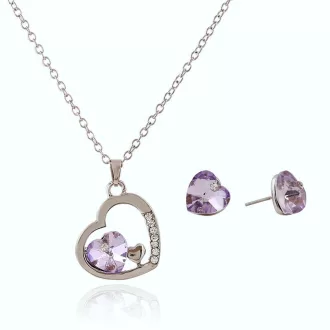   Ezüstözött nyaklánc és fülbevaló ibolyakék Ausztria kristályos szíves szett