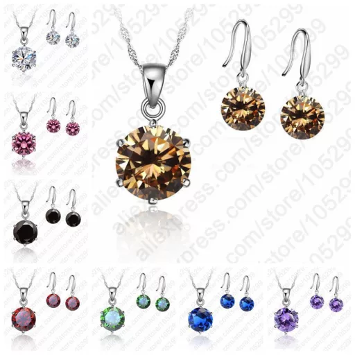 Ezüstözött nyaklánc és fülbevaló szett arany színű CZ kristályokkal