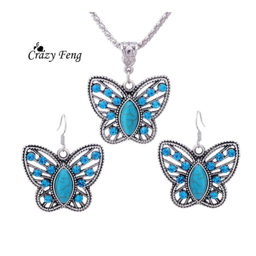 Kígyóbőr jellegű nyaklánc, antikolt ezüst és türkizzel mintázott pillangó medál és fülbevaló szett