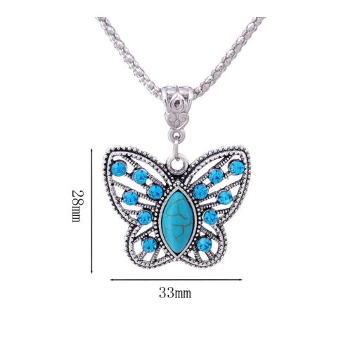 Kígyóbőr jellegű nyaklánc, antikolt ezüst és türkizzel mintázott pillangó medál és fülbevaló szett