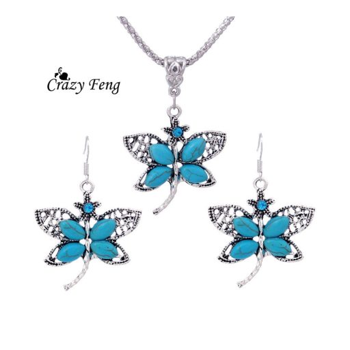 Kígyóbőr jellegű nyaklánc, antikolt ezüst és türkizzel mintázott szitakötő medál és fülbevaló szett