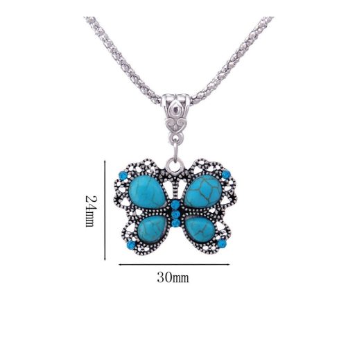 Kígyóbőr jellegű nyaklánc, antikolt ezüst és türkizzel mintázott pillangó medál és fülbevaló szett