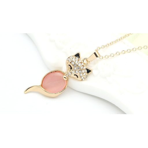 Rózsa aranyozott nyaklánc, opál és ausztria kristály, róka medállal és fülbevalókkal - szett