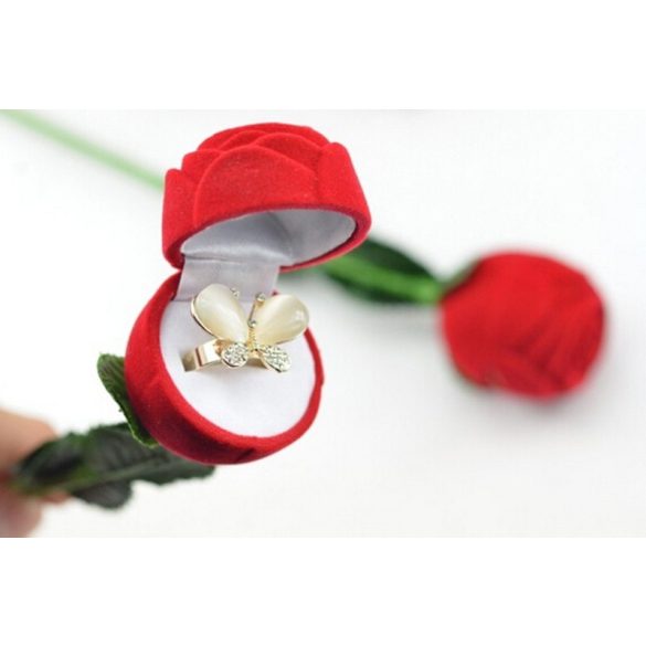 Díszdoboz rózsaszál alakú - bizsukhoz, ékszerekhez piros-zöld színben