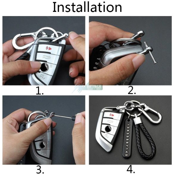 Kulcstartó, távirányító fonott bőr telefonszámmal, karabineres