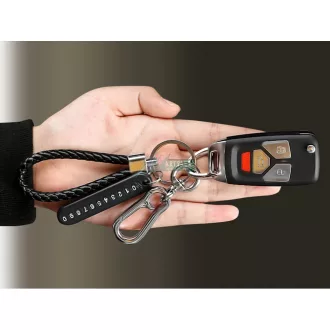   Kulcstartó, távirányító fonott bőr telefonszámmal, karabineres