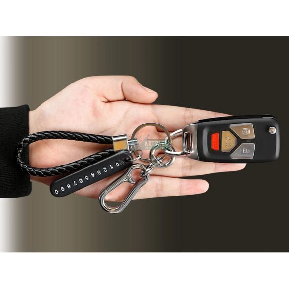 Kulcstartó, távirányító fonott bőr telefonszámmal, karabineres