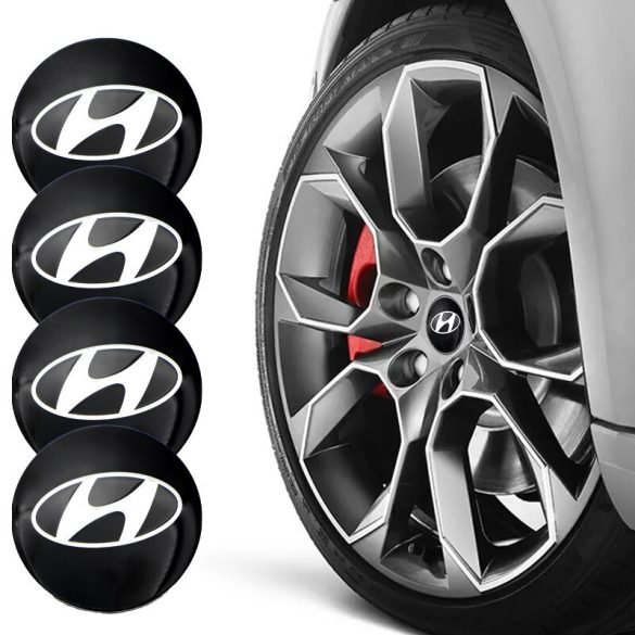 3D autó Hyundai fekete felniközép kupak matrica (4 db) 65 mm, alumínium, kemény gyantás