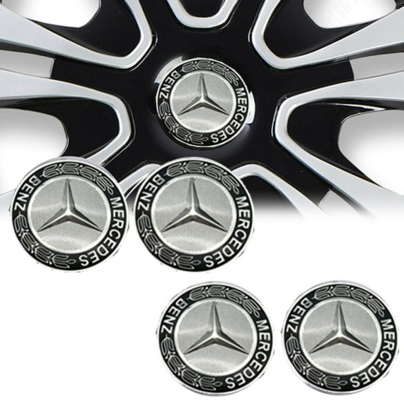 3D autó Mercedes ezüst-fekete felniközép kupak matrica (4 db) 56 mm, alumínium