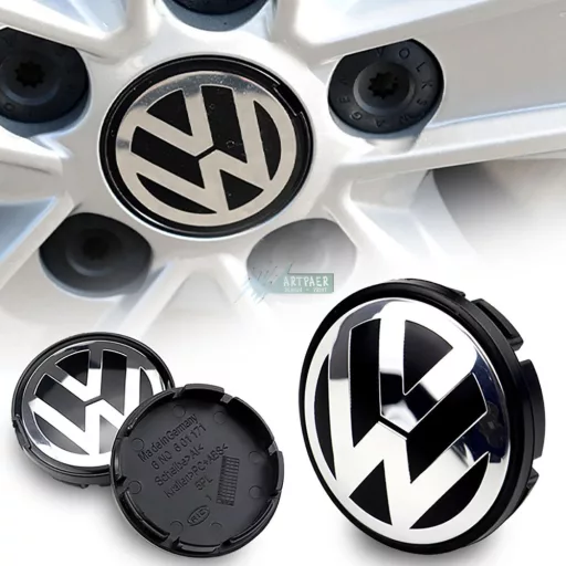 3D autó Wolksvagen fekete, felniközép 56 mm, kupak ABS, alumínium, 4 db-os szett