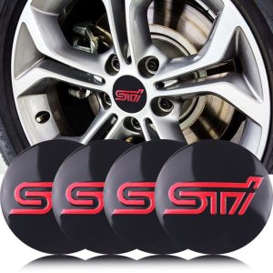 3D autó Subaru STI fekete-piros felniközép kupak matrica (4 db) 56 mm, alumínium