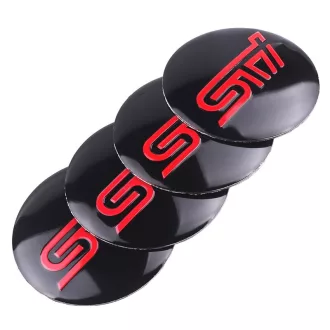   3D autó Subaru STI fekete-piros felniközép kupak matrica (4 db) 56 mm, alumínium