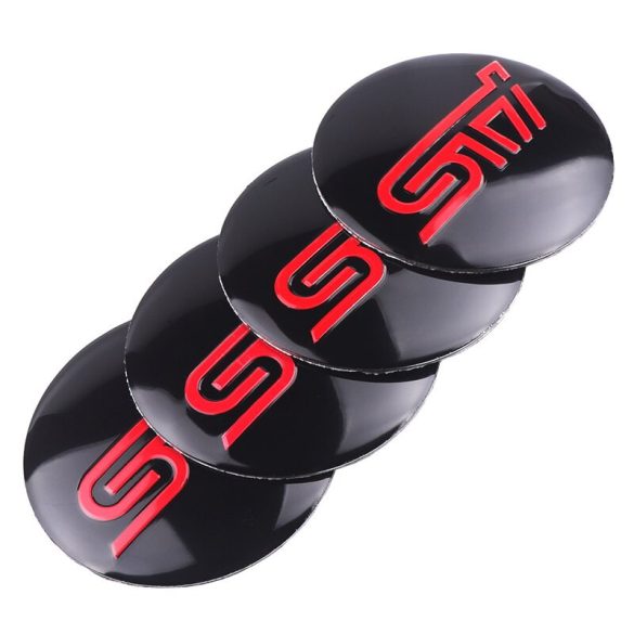 3D autó Subaru STI fekete-piros felniközép kupak matrica (4 db) 56 mm, alumínium
