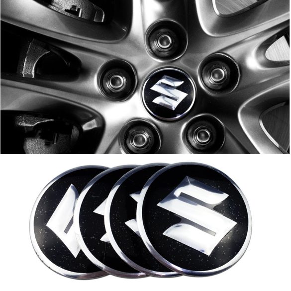 3D autó Suzuki fekete ezüst szegéllyel felniközép kupak matrica (4 db) 56 mm, alumínium