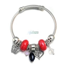   Pandrea stílusú nemesacél karkötő piros porcelán és fémötvözet charm-ok
