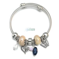   Pandrea stílusú nemesacél karkötő beige porcelán és fémötvözet charm-ok