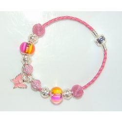   Rózsaszín üveg és fém charm pillangós Pandora stílusú bőr karkötő