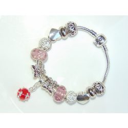  Rózsaszín foszforeszkáló üveg és fém charm Pandora stílusú karkötő