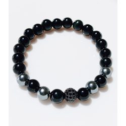   Ásvány karkötő fekete ónix - cirkónium köves gömb és gun metál köztes