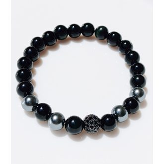   Ásvány karkötő fekete ónix - cirkónium köves gömb és gun metál köztes