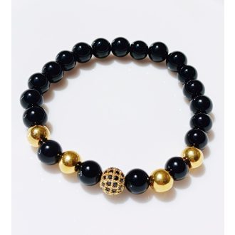   Ásvány karkötő fekete ónix - fekete köves cirkónium gömb és aranyszínű köztes