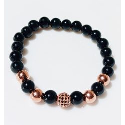   Ásvány karkötő fekete ónix - cirkónium köves gömb és rózsaarany színű köztes