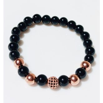   Ásvány karkötő fekete ónix - cirkónium köves gömb és rózsaarany színű köztes