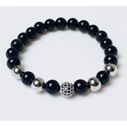   Ásvány karkötő fekete ónix - cirkónium köves gömb és ezüst színű köztes
