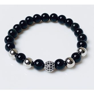   Ásvány karkötő fekete ónix - cirkónium köves gömb és ezüst színű köztes