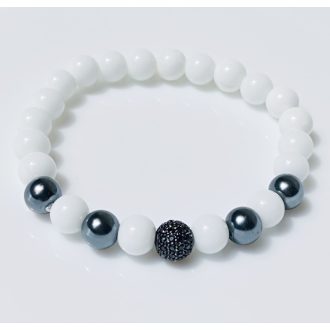   Ásvány karkötő tridacna - fekete cirkónium köves gömb és gun metal köztesek