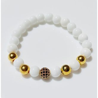   Ásvány karkötő tridacna - aranyszínű gömbök - fekete köves cirkónium gömb és gun metal köztesek