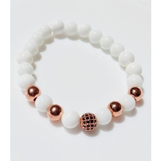   Ásvány karkötő tridacna - rózsaarany színű gömb - fekete cirkónium köves rózsaarany gömb és köztesek