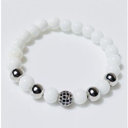   Ásvány karkötő tridacna - ezüst  színű gömb - fekete cirkónium köves ezüst színű gömb és köztesek