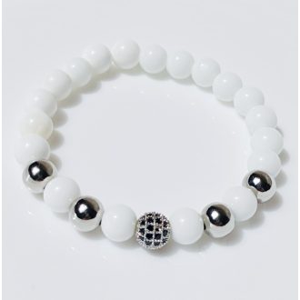   Ásvány karkötő tridacna - ezüst  színű gömb - fekete cirkónium köves ezüst színű gömb és köztesek