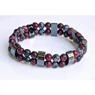   Ásvány karkötő kétsoros - mágneses hematit - hópehely obszidián és lepidolit