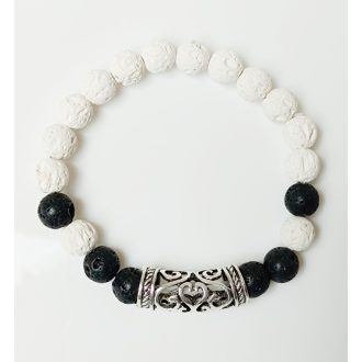   Ásvány karkötő fehér és fekete lávakő, hosszúkás metál charm-mal