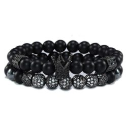   Páros ásvány karkötő - matt fekete ónix - CZ mikro kristály korona és fekete disco charm - 2 db-os szett