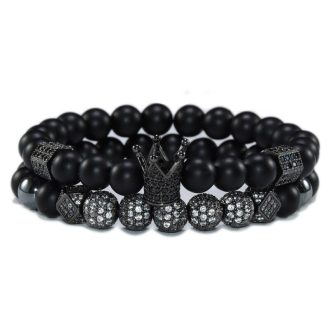   Páros ásvány karkötő - matt fekete ónix - CZ mikro kristály korona és fekete disco charm - 2 db-os szett