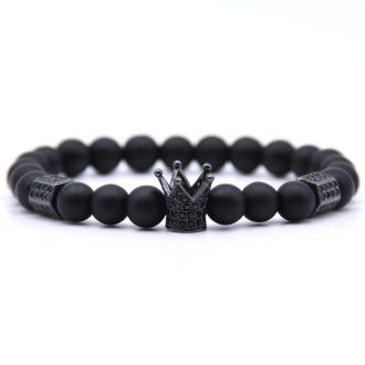  Ásvány karkötő matt fekete ónix - CZ mikro kristály fekete korona charm