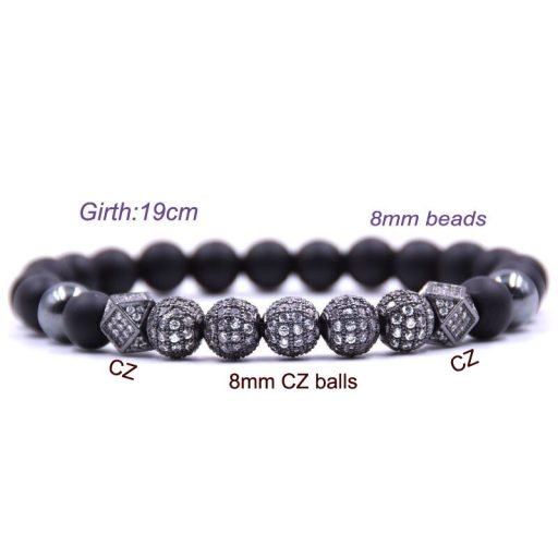 Ásvány karkötő matt fekete ónix - CZ mikro kristály, fekete disco gömb charm