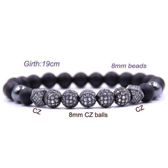 Ásvány karkötő matt fekete ónix - CZ mikro kristály, fekete disco gömb charm