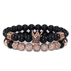   Páros ásvány karkötő - matt fekete ónix - CZ mikro kristályos, rózsaarany színű korona és disco charm-ok - 2 db-os szett