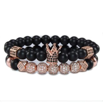   Páros ásvány karkötő - matt fekete ónix - CZ mikro kristályos, rózsaarany színű korona és disco charm-ok - 2 db-os szett
