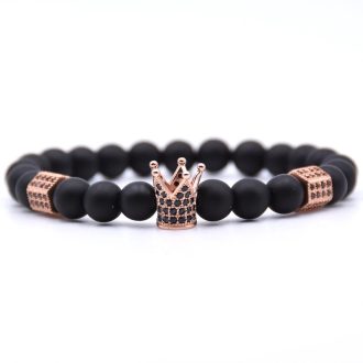   Ásvány karkötő matt fekete ónix - CZ mikro kristályos rózsaarany színű korona charm